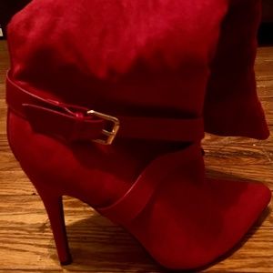Women’s Red knee Hi Faux-Suede High Heeled Boots